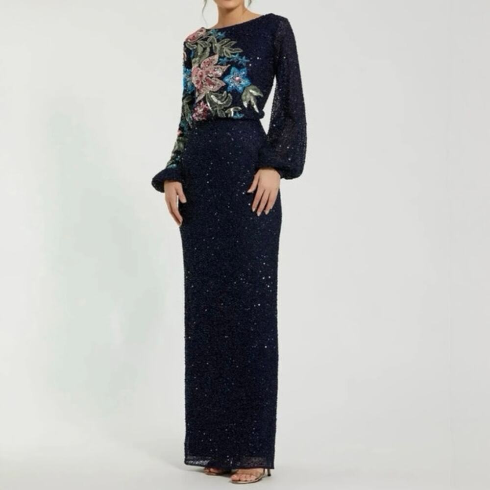 MAC DUGGAL Navy High Neck Long Sleeve Sequin Gown Size 2